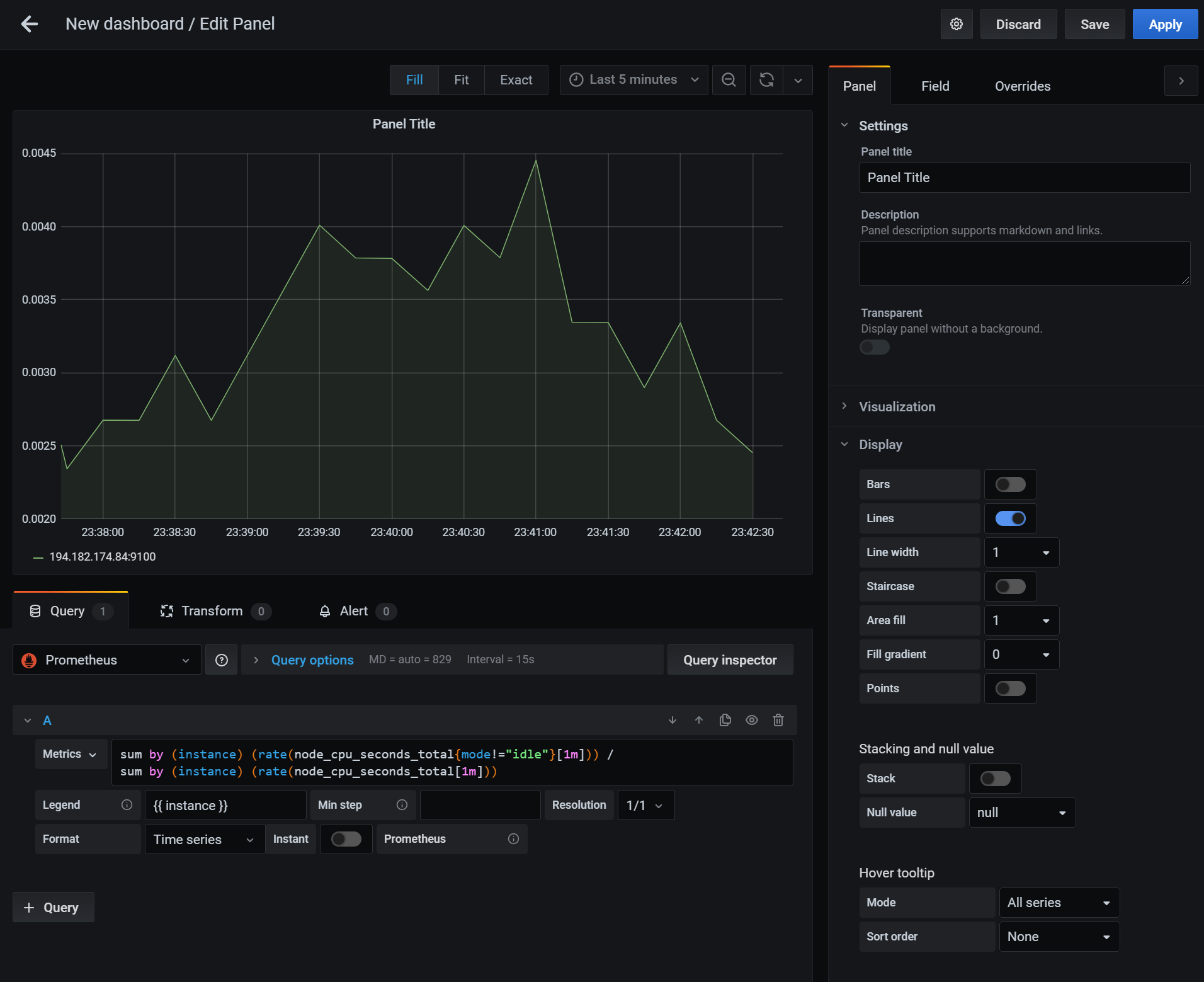 A screenshot of the Grafana panel adjustment screen. It features a graph, as well as a PromQL input from the previous lecture.