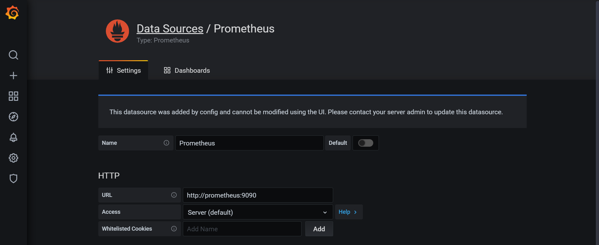 A screenshot of the Prometheus data source. The URL field contains the value of http://prometheus:9090