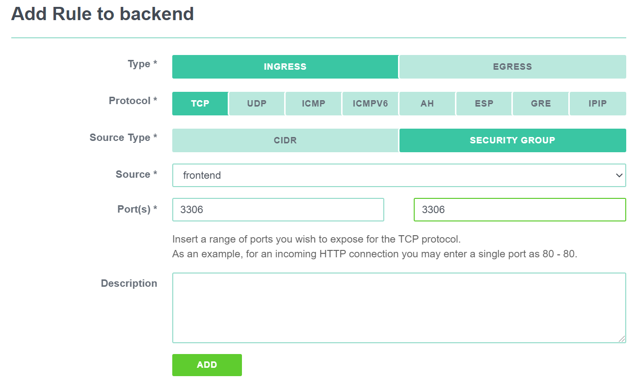 An illustration of adding a firewall rule to a security group called "backend" allowing access to port 3306 from the security group "frontend".